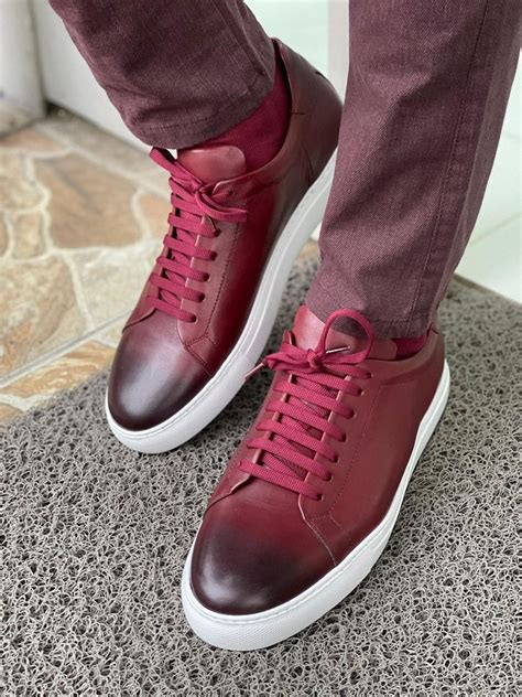 burgundy leather sneakers for men